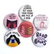 Book Lover Pin Badges x 6 - Size 32mm Funny Book Nerd Slogans Librarian Gift