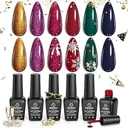 beetles Gel Polish Gel Nail Polish Kit, 6 Colors Boujee Gala Collection Glitter Red Golden Gel Polish Blue Green Gel Nail Polish Soak Off Uv Nail Lamp Cured DIY Home Manicure Kit Girls