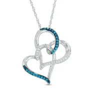 0.17 CT. T.W. Enhanced Blue and White Natural Diamond Interlocking Tilted Hearts Pendant in Sterling Silver