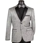VINCI Men's Silver Metallic Sequins Slim-Fit Tux Jacket w/ Bow-Tie - NEW