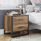Wood Nightstand Set of 1 Side End Table 2 Drawers Bedside Table w/ Metal Frame