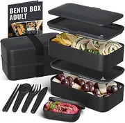 [Bentoheaven] Premium Bento Box Adult Lunch Box with 2 Compartments (1200ml), Cutlery & Set of Chopsticks, Large Dip Container, Cute Black Japanese Bento Box, Rectangle, Microwavable (Outer Space)