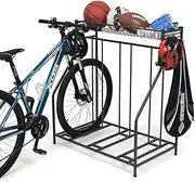 Bike Stand Rack with Storage Basket & Hooks, Bike Rack Garage Organizer，Adjustable Bike Slot for Mountain, Indoor Outdoor Bike Storage Station
