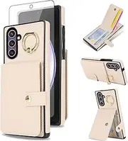 [Asuwish] Phone Case for Samsung Galaxy S23 FE 5G Wallet Cell Cover with Tempered Glass Screen Protector Ring Stand RFID Blocking Credit Card Holder Mobile Slot S 23 EF S23FE 23S Women Men Girls Beige
