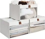 StorageWorks Closet Storage Bins, Large Storage Baskets with Clear Window and Handles, Fabric Organizer for Clothes, Foldable Cube for Shelves, Beige, 3 Pack