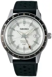 [SEIKO] Men's Grey Dial Black Leather Band Presage Automatic GMT Analog Watch, Grey