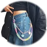 [QFSH] Layered Colorful Pants Chain Acrylic Stars Jeans Chain Punk Rainbow Belt Belly for Women Men Wallet Pocket Key Chain, One Size, Plastic, No Gemstone