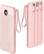 Portable Charger 10000mAh,VRURC Power Bank with Built-in Cables, 5 Output 2 Input Cell Phone Battery Pack, Slim LED Display, USB C Phone Charger Compatible with iPhone,Samsung,Android etc-Pink