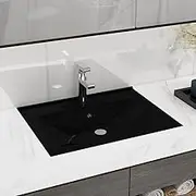 Matt Black Luxury Ceramic Basin 60x46 cm with Faucet Hole - Stylish Rectangle Washroom Sink, Built-in & Wall Hung, Modern Vanity Design