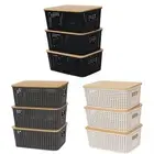 3Pcs Storage Bins with Bamboo Lids with Handles for Cabinet Closet Classroom