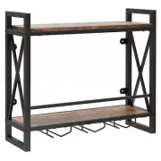 Wall Mounted Wine Rack with 2-Tier Shelves and 3 Glass Holders - Color: Rustic B