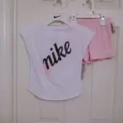 NWT 2pc Nike White Pink Top Sparkling Logo & Pink Shorts Set sz 3t