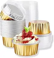 Heatunk 50pcs 5oz Mini Aluminum Pans with Lids - Foil Cups for Cupcakes, Ramekins, Baking - Dessert Cups for Cheesecakes and More - Dessert Containers in Gold