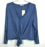 Everleigh Womens Blue Button Front 3/4 Knit Sleeves Tie Hem V-Neck Stripe Top