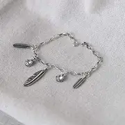 Fancy Link Chain Bracelet. Sterling Silver Bracelet For Women,Ladies 925 Sterling Silver Bracelet Vintage Boho Feather Bracelet Inlaid White Zircon Bracelet