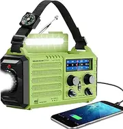 Weather Radio with NOAA/AM/FM/SW/SOS Alarm for Emergency, 5-Way Powered Hand Crank/Solar Panel/Rechargeable Li-ion Battery/USB Charging Port, LED Flashlight,Reading Lamp & Compass for Outdoor Camping Green Green