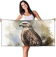 Microfiber Sand Free Beach Towel Thin Quick Dry Super Absorbent Large Lightweight Towels Ultra Soft Bath Towels Watercolor of Hawk Sitting in The Tree Compact Gym Towel for Adult Travel Camping Gift