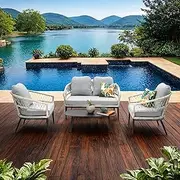 ZEN Swan Bay Outdoor Lounge 4-Pieces Set with Table, Weather-Resistant Outdoor Furniture Sets, 2 seater lounge Setting table and chairs, Patio Furniture Modular Set Garden Deck Pool Backyard