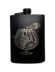 Black Metal Flask, Laser Engraved Wine Drunk Octopus