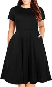 [Nemidor] Women's Round Neck Summer Casual Plus Size Fit and Flare Midi Dress with Pocket (26, Black)