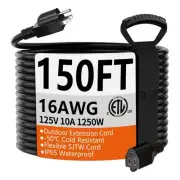 150 FT 16 Gauge Black Indoor Outdoor Extension Cord Waterproof, Flexible Cold...