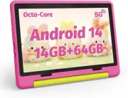 Kids Tablet 10 Inch Android 14 for Ages 3-12, Octa-Core with Pink