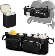 Prokva Double Stroller Organizer Compabitle with BOB Duallie and Baby Jogger City Mini GT2 Double Stroller, Double Parent Stroller Caddy Organizer with Cup Holder and Cooler Bag, Black(Empty Bag)