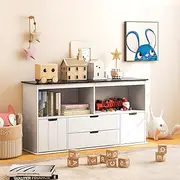 HONEY JOY Kids Toy Organizer with Blackboard Top, Wooden Toy Bin with 2 Pull-Out Drawers, 2 Removable Bins, 2 Open Compartments, Rolling Wheels, Toddler Bookshelf for Nursery, Playroom, White