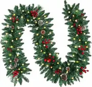 Battery-Operated 2.7m Christmas Garland with Pine Cones and Berries for Holiday Party Xmas Decor