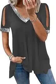 [Zylphorix] Women Cold Shoulder Sequin T-Shirt Glitter Sequin Trim Short Sleeved Top Solid Color V Neck Paillette Blouse Tee