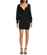 NWT Belle Badgley Mischka Dalia Deep Sweetheart Neck Long Balloon Sleeve Dress