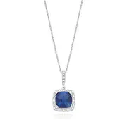 Sterling Silver Cushion & Round Brilliant Cut Created Blue Sapphire & Diamond Set Pendant
