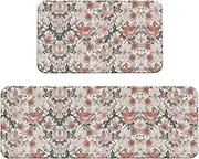 Flower Paris Eiffel Tower Print Kitchen Floor Mat 2 Sets Non-Slip Rugs for Kitchen Laundry Office and Home Decor