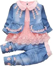 [Peacolate] Spring Autumn Baby Girls Clothing Set 3pcs Long Sleeve T-Shirt Denim Jacket and Jeans