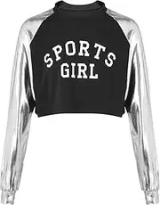 [FEESHOW] Kids Girls Children Metallic Long Sleeve Dance Sports Crop Top Shirt