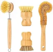 SAMEBUTECO Bamboo Dish Brushes Sets 4 Tools in One Kitchen Clean Dish Scrubber for Pots Pans Bottles with Natural Bristles (Bamboo Brushes Sets)