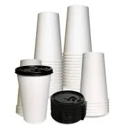 16oz White Coffee Cups and Black Flat Lids Hot Cold Drinks Disposable 400pcs