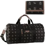 Pierre Cardin Canvas Print/Leather Trim Art Design Duffle Bag & Bi-Fold Flap Wallet Bundle - Black