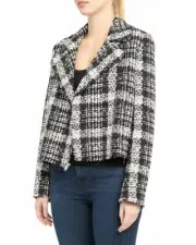 Theory Size 14 Slim Moto R Womens Jacket Black White Rubber Plaid Tweed $565