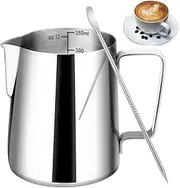 [MUMOO BEAR] Milk Frothing Pitcher, 12oz/350ml Milk Frother Cup with Clear Scale, 304 Stainless Steel Cappuccino Espresso Machine Accessories for Barista Coffee Bar with Latte Art Pen, Silver
