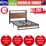 Metal Bed Frame Double Size LED Storage Headboard USB Charge