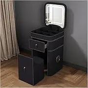 Saddle Leather Vanity Desk Smart Wireless Charging Bedside Table Dressing Table with Adjustable Lighted Mirror Cushioned Stool
