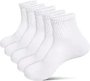 [Shudyear] 5 Pair Womens Running Trainer Socks, Cushioned Ankle Socks, Anti-Blister Moisture Wicking Compression Socks, Breathable Cotton Casual Athletic Sock (6-8 White)