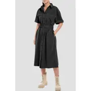 Replay Womens Woven Long Dress Midi Shirt-Dress w/ Belt Black
