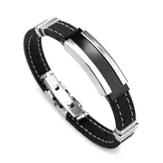 2 Pcs Men Silver Stainless Steel Bangle Bracelet Black Rubber