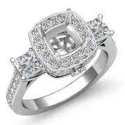 3 Stone Cushion Princess Pave Set Diamond Engagement Ring 18k White Gold 1.1Ctw