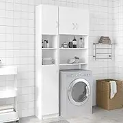 Bathroom Cabinet White 32x25.5x190 cm, Tall Engineered Wood Storage with 4 Door Shelves and 2 Open Compartments, Practical and Modern Design