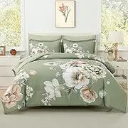 LLDSYW Floral King Size Comforter Set - 7 Piece Botanical Green Flower Bed in a Bag Ulter Soft Microfiber Bedding Set, Lightweight Bed Comforter Set with Sheets for All Season (Green, King)