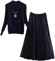 [Mkjuuior] Autumn and Winter Women's 2-Piece Blue Sweater Suit Top + A-Line Mesh Skirt Suit