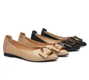 EVERAU® Women Leather Buckle Pointed Toe Ballet Flats Pari - Camel / AU Ladies 9 / AU Men 7 / EU 40
